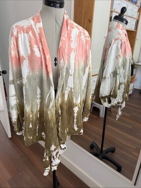 Tie-Dye Open Front Shirt - White, Coral & Olive S